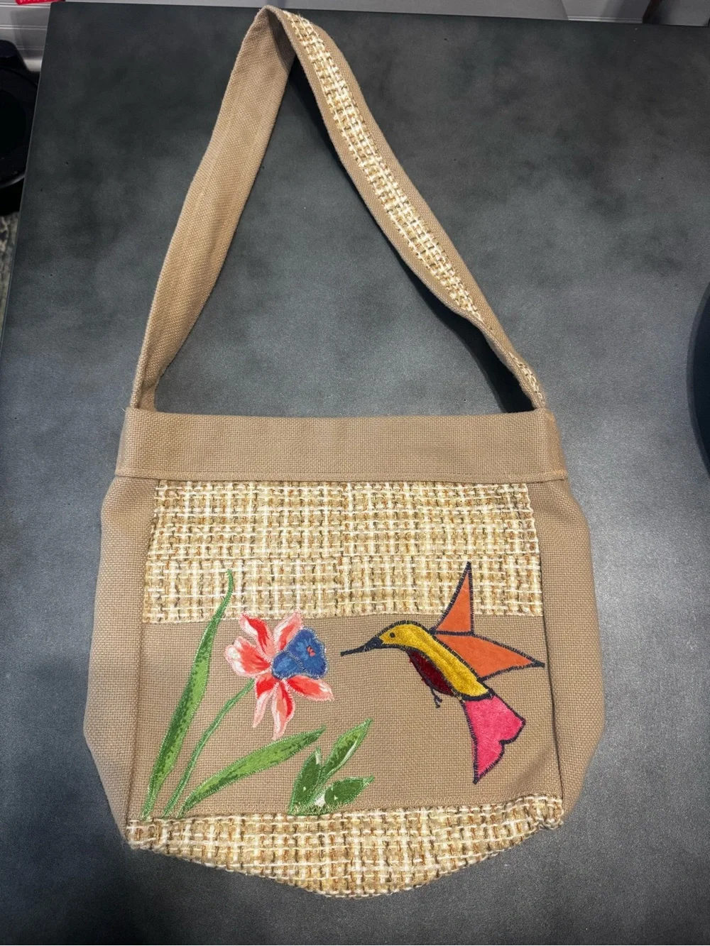 Hand-Painted Hummingbird Floral Canvas Shoulder Bag - Beige